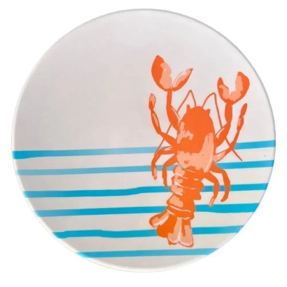 4-PIECE MELAMINE PLASTIC SET APPETIZER PLATES LOBSTER AQUA STRIPE DESIGN
